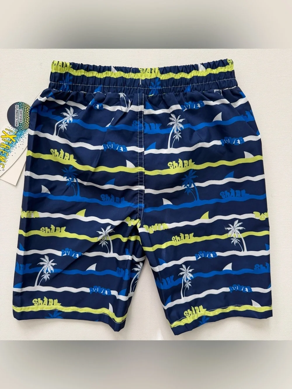 XTREME Navy Shark & Palm Print Swim Shorts with Lime Accents Size 6 Boys